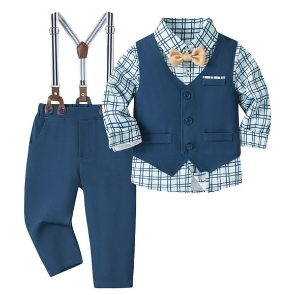 Tenues pour Petits Garçons Gentlemen Ensemble 3 Pcs Chemise Habillée+nœud Papillon+gilet+pantalon à Bretelles Vêtements de Fête d'Anniversaire (2-3 Ans, Bleu Pâle)