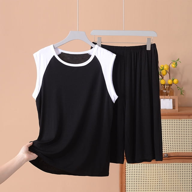 RKSTN Ensemble de Pyjama pour Homme Été Détente à Blocs de Couleur Col Rond Sans Manches et Short Ensembles de Pjs Confortable 2 Pcs Tenue d'Intérieur Confortable