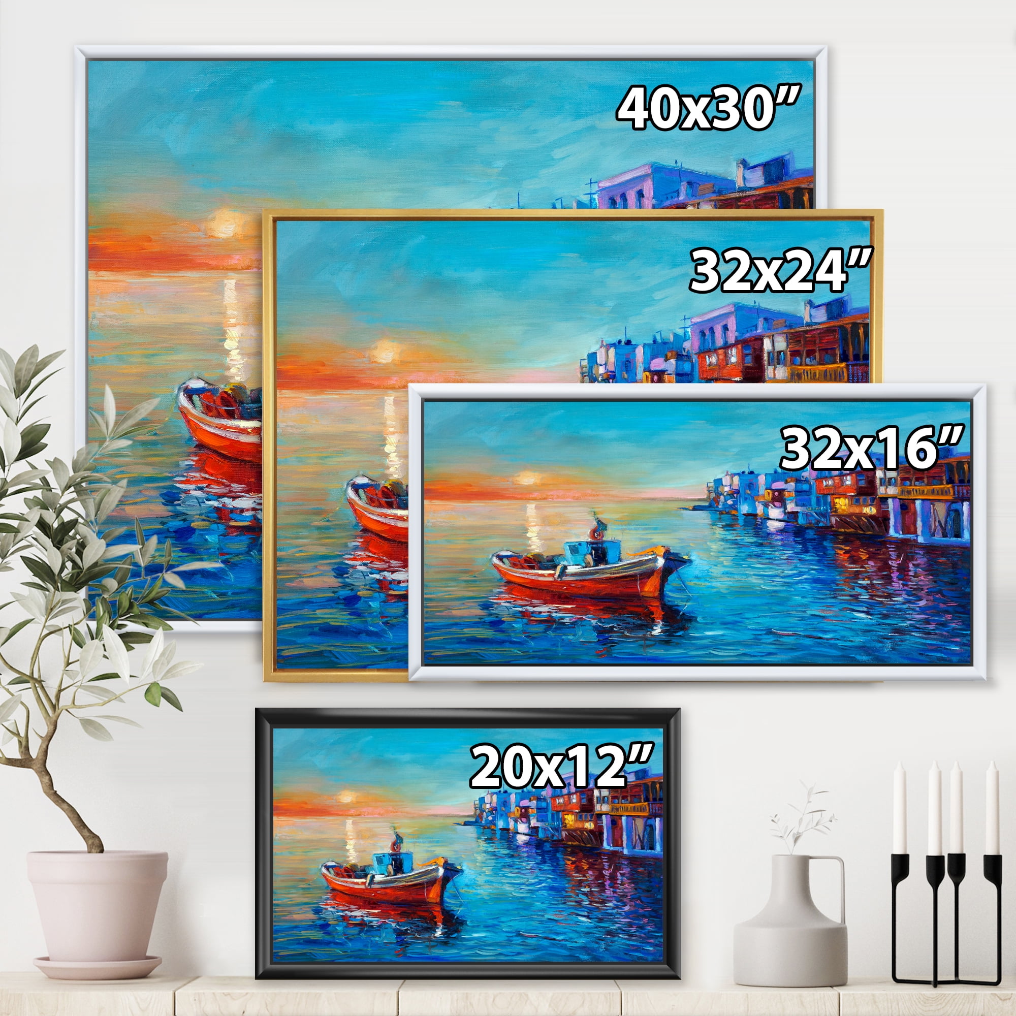 Boats Near Coastal Town Resting On The Water I 32 in x 24 in Framed Painting Canvas Art Print, by Designart
