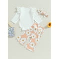 thumbnail image 4 of Bagilaanoe 3pcs Newborn Baby Girl Long Pants Set Ribbed Ruffled Long Sleeve Rompers Tops + Floral Flare Trousers + Headband 3M 6M 12M 18M Infant Casual Outfits, 4 of 8