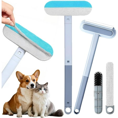 Pet Hair Removal Tool, Multifunctional Reusable Pet Hair Remover Brush for Lint, Cat & Dog Hair Remover for Couch Furniture Car Bed Window Clothes, Washable 4 in 1 Brush with Long Handle & 2 Scrapers