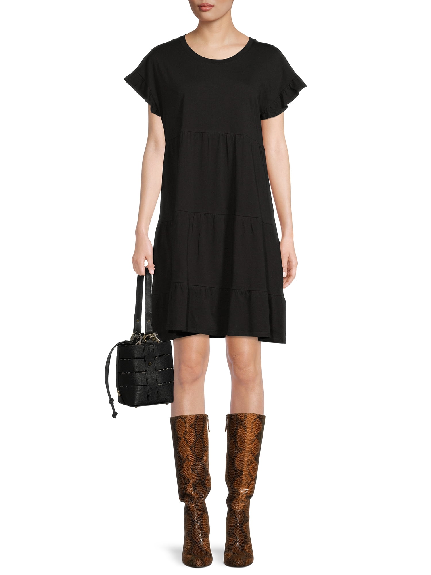 Time and Tru Women's Flutter Sleeve Knee Length Tiered Dress