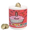 thumbnail image 1 of Birthday Piggy Bank, Pink Strawberry Flavor Cupcake Candle Face Bow Tie and Dots, Ceramic Coin Bank Money Box for Cash Saving, 3.6" X 3.2", Multicolor, by Ambesonne, 1 of 4