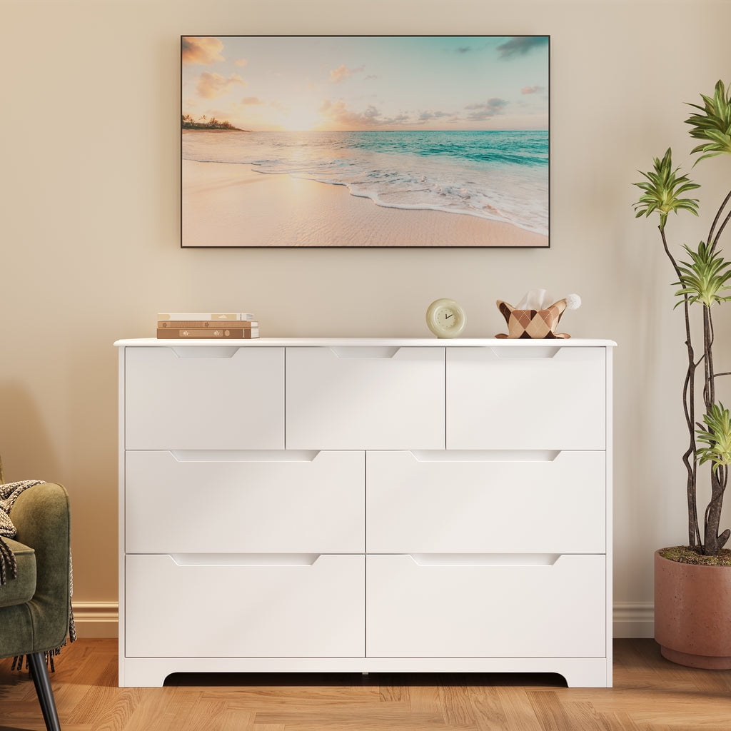 Aiho 7 Drawer Dresser, Wide Chest of Drawers Nightstand Storage Tower Storage Wooden Dresser for Living Room, Bedroom, Hallway - White