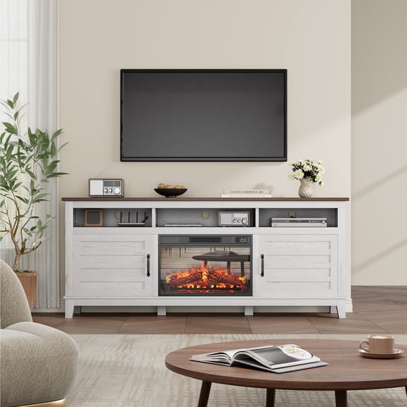 Garvee Farmhouse TV Stand 70.9" - Adjustable Shelves, Cabinet Doors - Entertainment Center for Living Room/Bedroom - Brown and White Color