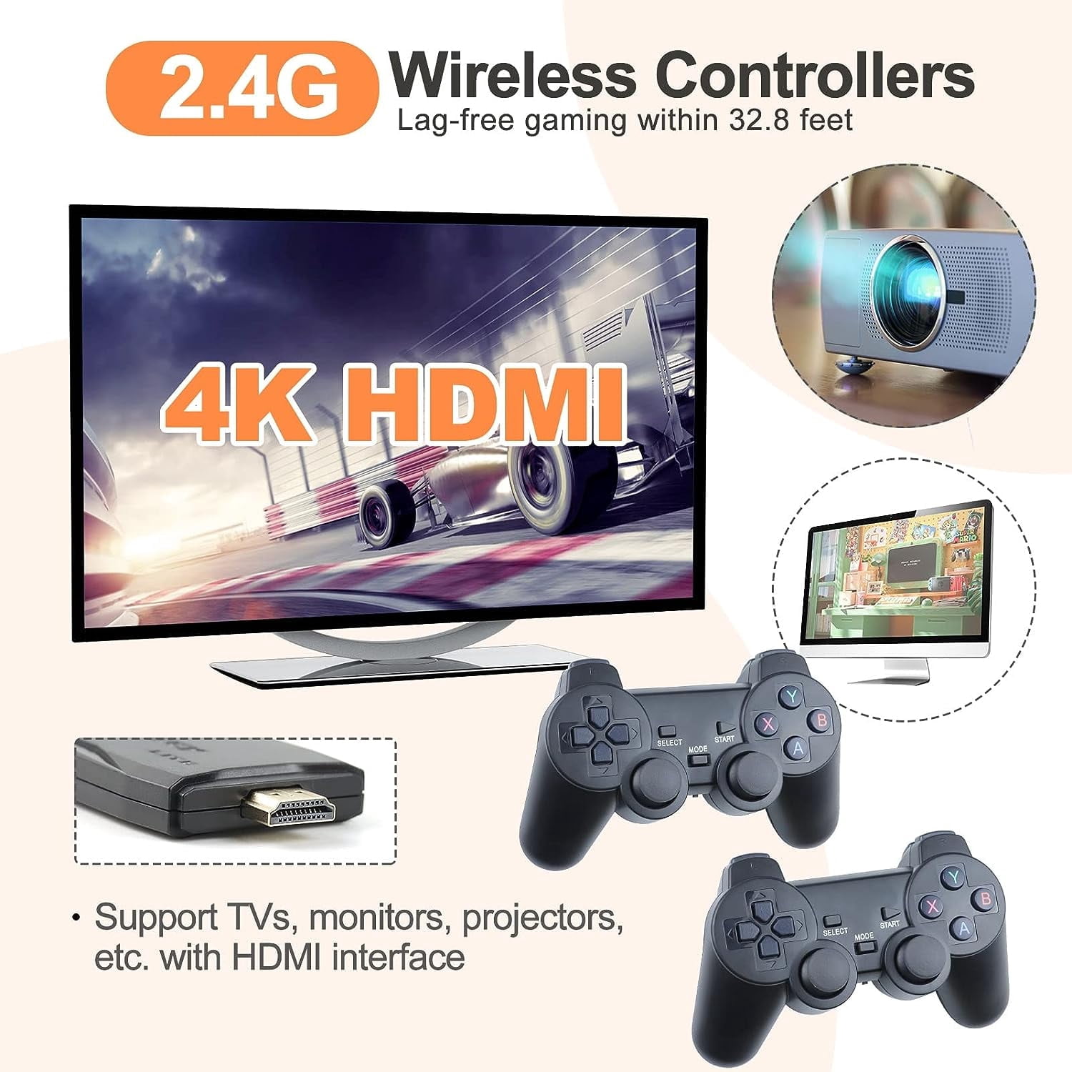 Wireless Retro Game Console, Plug & Play Video TV Game Stick with 20000+ Games Built-in, 9 Emulators, 4K HDMI Nostalgia Stick Game for TV, Dual 2.4G Wireless Controllers (32G/64G/128G)