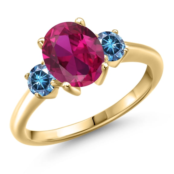 Gem Stone King 10K Yellow Gold Red Created Ruby and Persian Blue Moissanite Engagement Ring for Women | 2.46 Cttw | Oval 9X7MM | Gemstone July Birthstone | Size 5