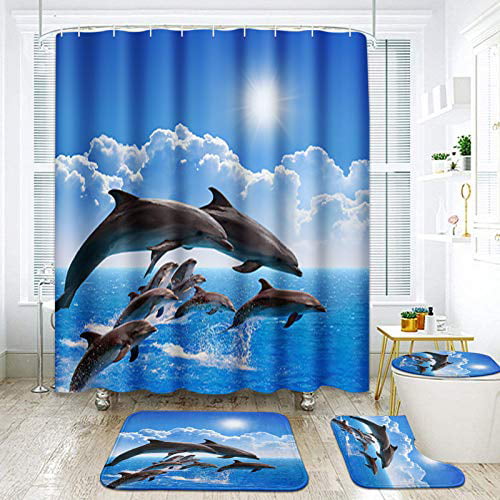 Delicate Sea Dolphin Waterproof Bathroom Shower Curtain Toilet Cover Mat Set 