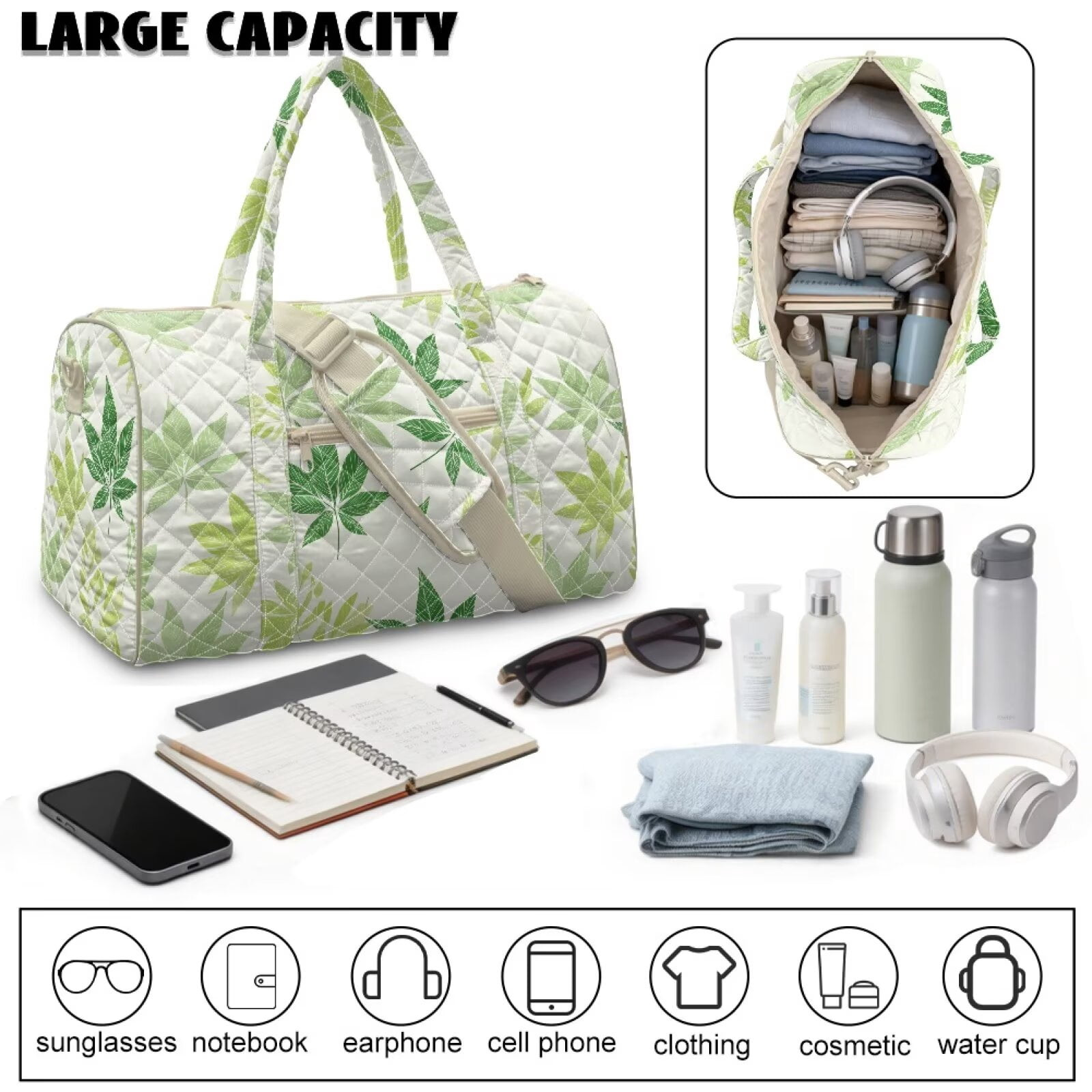 Xixirimido Travel Duffel Bags for Women Men Weekender Overnight Bag Carry On Quilted Fabric, Women Hospital Bags for Labor and Delivery, Abstract Leaves Green