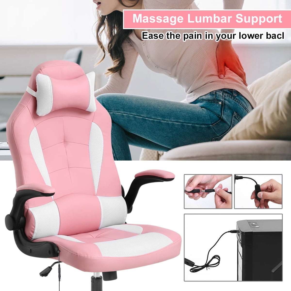Dkelincs Video Game Chair Massage Gaming Chair PU Leather Computer Chair Ergonomic Office Desk Chair with a Vibrator Lumbar Support, Headrest, Flip Up Armrest, Pink