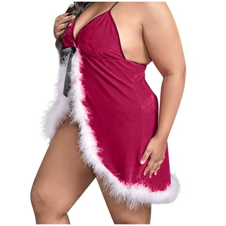 

EHTMSAK Feather Christmas Costume Lingerie for Women Front Closure Babydoll Lingerie Set Sexy Teddy Bra and Panty Sets Hot Pink M