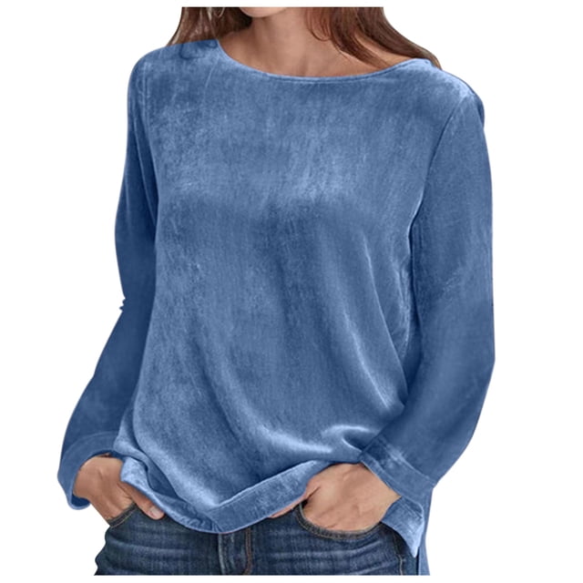 MSJUHEG Chemises à Manches Longues pour Femmes Chandails à Capuchon pour Femmes Chandail à Capuchon en Velours Uni avec Col Rond et Manches Longues Tops Chandail à Capuchon Bleu TG