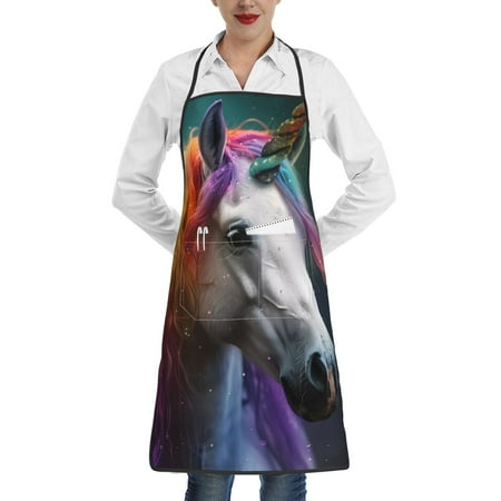

Lukts Colorful Haired White Horse Pattern Kitchen Apron Waterdrop Resistant Apron with adjustable Aprons for Women and Men with Pockets Cooking Apron