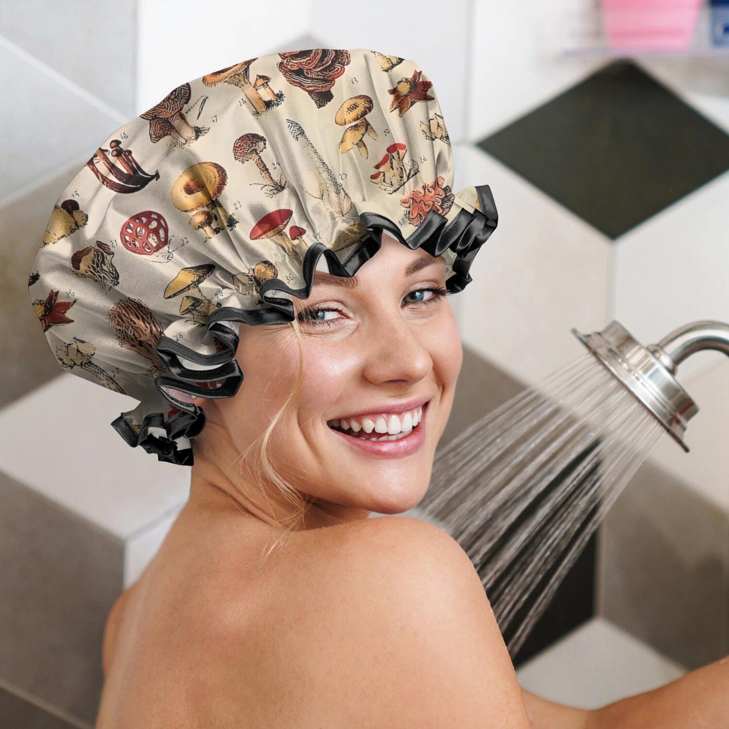 Shower Caps,Brown Mushroom Label Light Pattern Waterproof Shower Cap for Women 4 Pieces,Double Reusable Hair Cover for Shower PEVA Elastic Stretch Hem