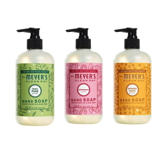 MRS. MEYER'S CLEAN DAY Holiday Hand Soap Bundle (Peppermint, Iowa Pine, and Orange Clove) 12.5 Ounces each