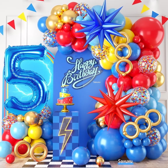 Red Yellow Blue Balloon Garland Arch NSD3 Kit with Blue 40 Inch Number 5 Balloon, 5th Birthday Decorations for Boy with Star Foil Balloons for kid 5 Year Old Theme Party Baby Shower Graduation