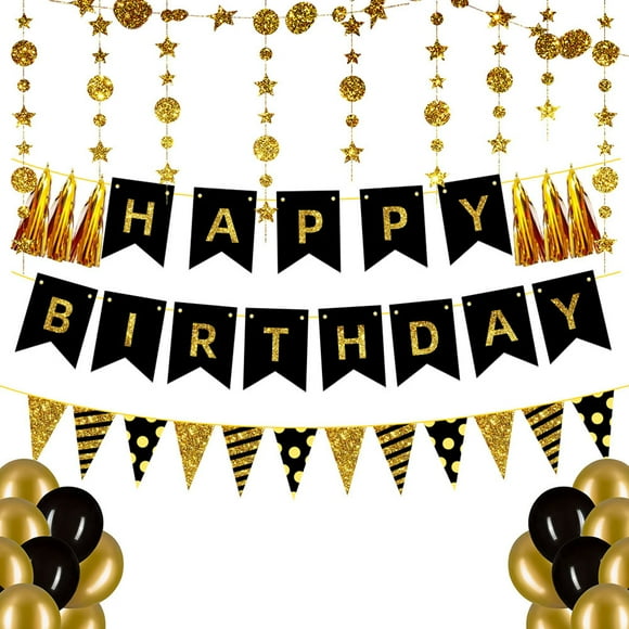 Conjunto De Decoración De Cumpleaños Conjunto De Cartel De Feliz Cumpleaños Dorado Con Globos Banderas Triangulares Guirnaldas Para Decoración De Cumpleaños Suministros Para Fiestas Minnieouse HA036923-00