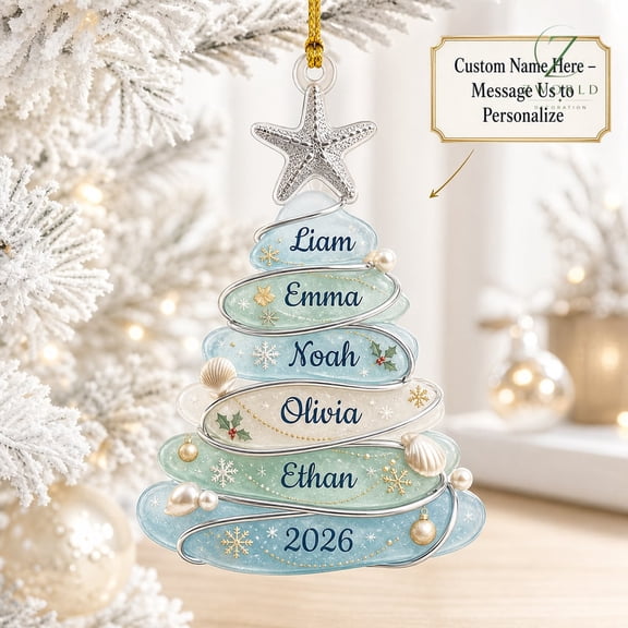 Christmas Ornament Personalized Sea Glass Tree 2026 Hanging Decor Coastal Family Keepsake