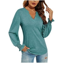 GA WEIHUA Puff Long Sleeve Tops for Women Causal Waffle Knit V Neck Shirts Solid Color Ruffle Tunic Top 2024 Fall Outfits Fashion Clothes Basic Tee Tops Blouse,Army Green,L
