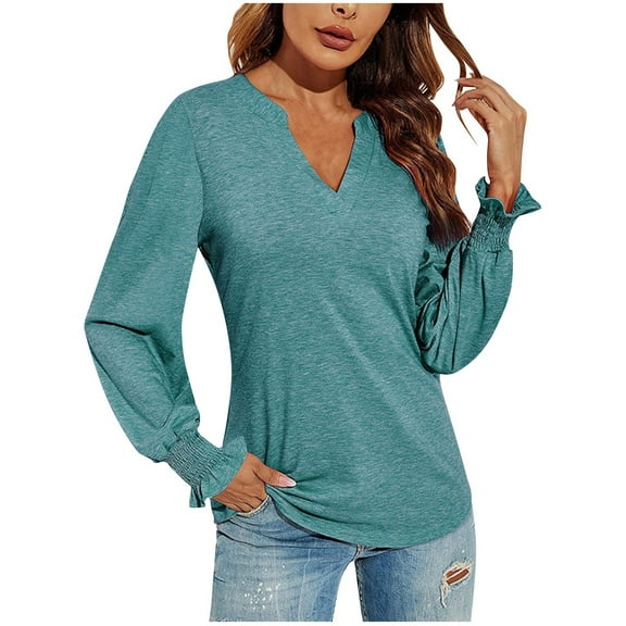 GA WEIHUA Puff Long Sleeve Tops for Women Causal Waffle Knit V Neck Shirts Solid Color Ruffle Tunic Top 2024 Fall Outfits Fashion Clothes Basic Tee Tops Blouse,Army Green,XL