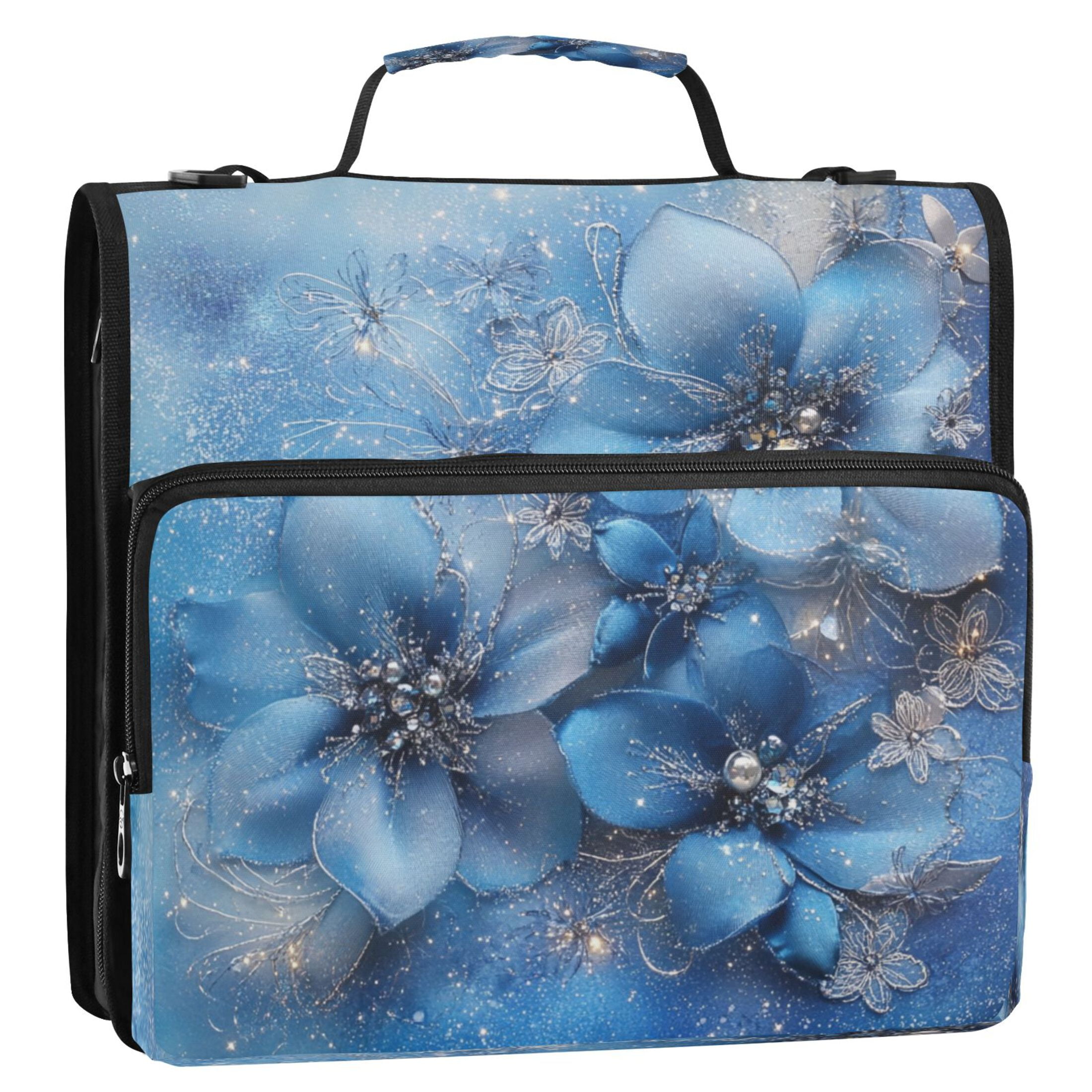 Water-Resistant 3-Ring Binder Organizer with Multiple Pockets Zipper Binder Bag for Office Three Large Blue Flowers