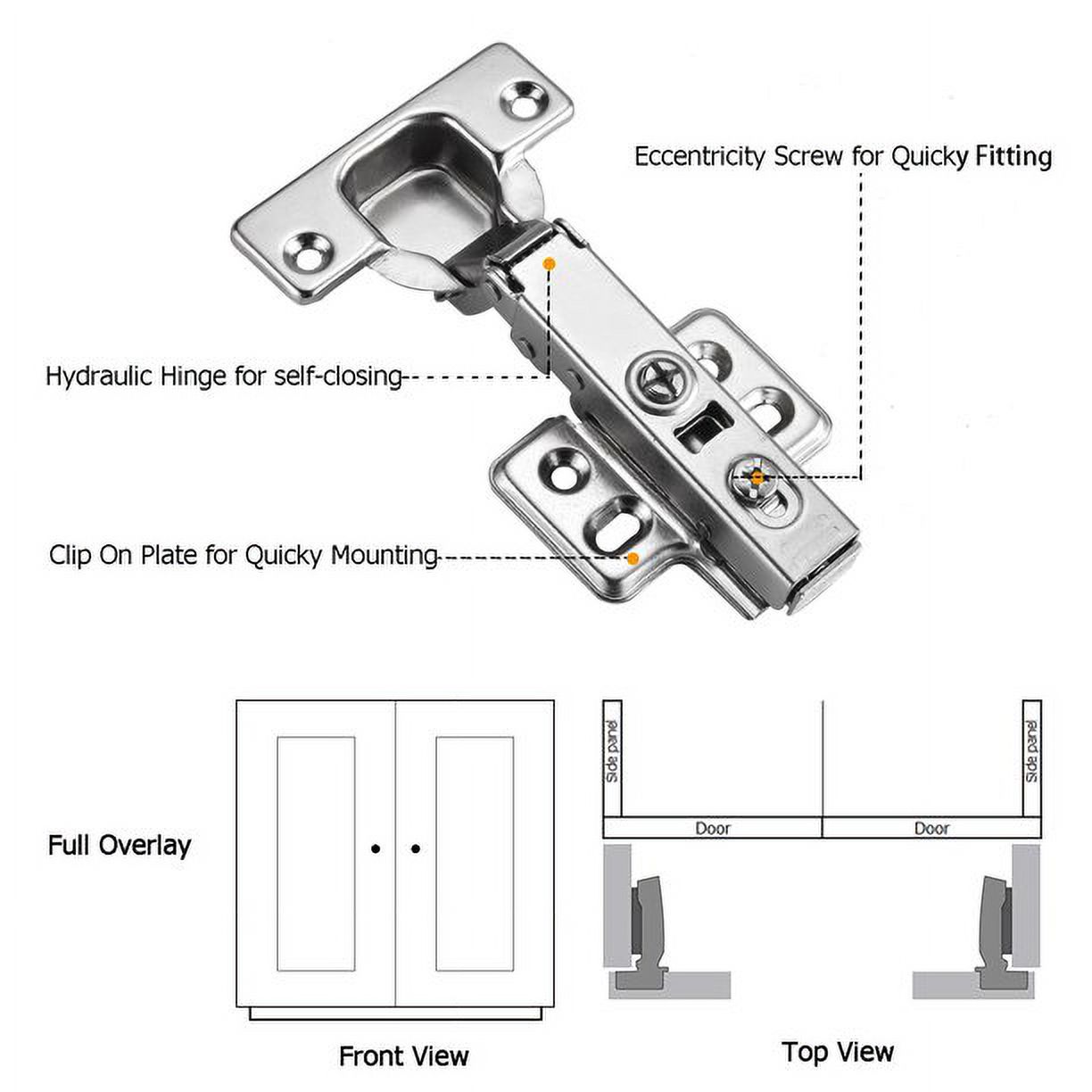 Luokim 10pcs Standard Cabinet Hinge,Fit for Frameless Cabinet,European Full Overlay,Soft Closing,Four-Hole mounting Plate Hinges,Nickel Plated Finish - image 5 of 7