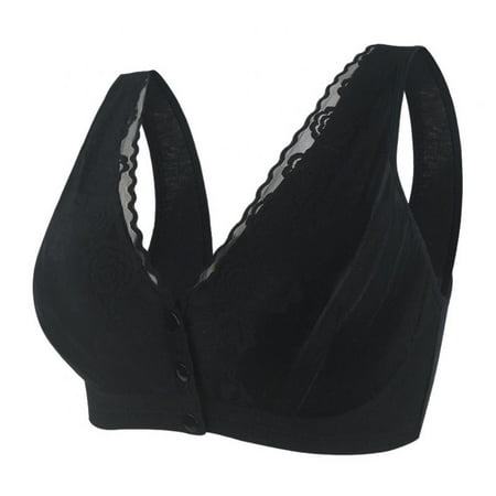 

Spdoo Front Buckle Lace V Nylon Full Figure Bra Non-Adjustable Straps Unwired Underwear 38 Black