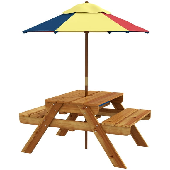 Outsunny Kids Picnic Table 3-in-1 Sand & Water Table w/ Foldable Umbrella