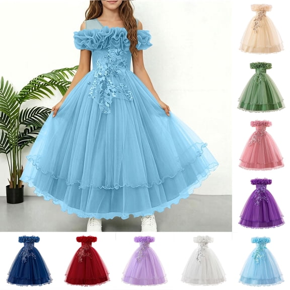 SGFCWSX Girls Formal Dress Off Shoulder Ruffle Tulle Ball Gown Lace Appliques Floor Length Wedding Flower Girl Birthday Dresses Sky Blue Size 9-10 Years