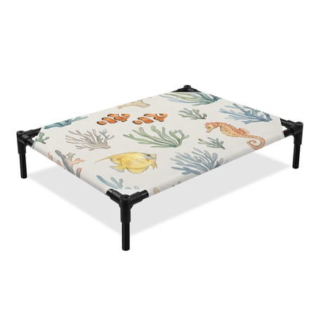 Marine Life Elevated Dog Bed Watercolor Fish Coral Seahorses Summer Modern Cooling Breathable Outdoor Raised Dog Cot Bed with Metal Frame Non-Slip Feet for Medium Dog 24x20in