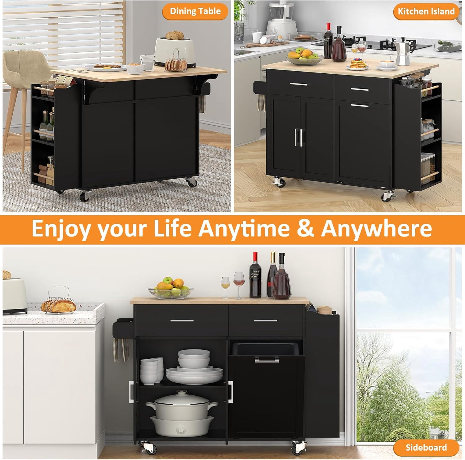 Frmobepts Rolling Kitchen Island with Drop Leaf, Tilt Out Kitchen Trash Cabinet 10 Gallon Storage, Kitchen Cart Island with Rubber wood Top, Spice Rack and Drawers,Black
