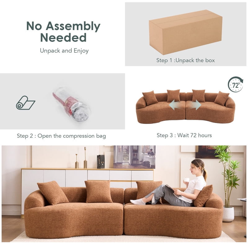 Curved Sectional Sofa with 4 Throw Pillows, Modern Luxury Chenille 4-Seater Cloud Couch with Deep Seat for Living Room, No Assembly Needed
