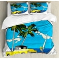thumbnail image 1 of Retro Duvet Cover Set King Size, Graphic Design Nostalgic Chevy Car and a Sailer Guy in the Ocean Palms Vivid Sky Seaside, Decorative 3 Piece Bedding Set with 2 Pillow Shams, Multi, by Ambesonne, 1 of 3