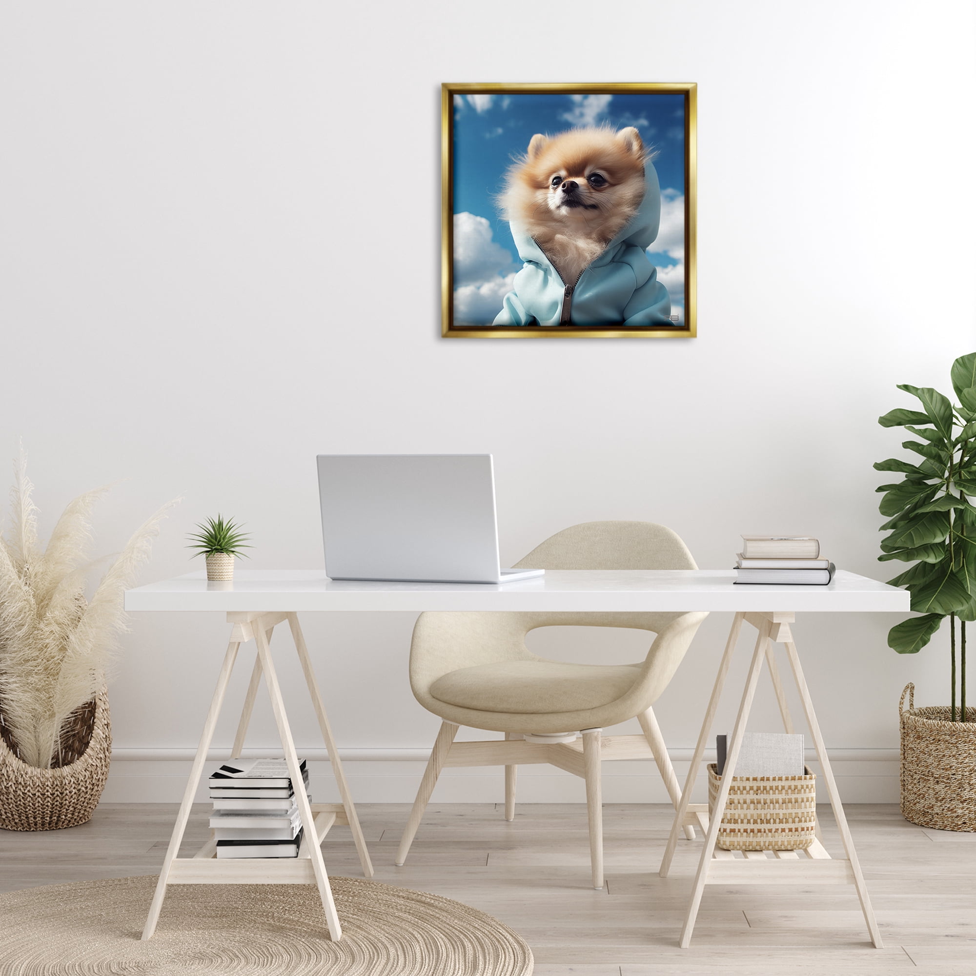 Stupell Industries Pomeranian Dog & Clouds Animals & Insects Painting Gold Floater Framed Canvas Art Print Wall Art, 25 x 25