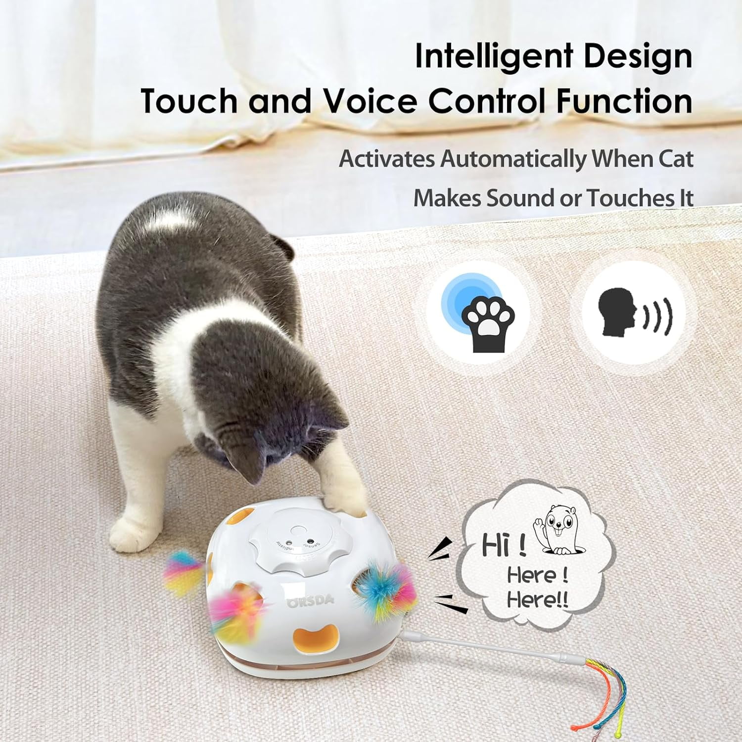 ORSDA Cat Toys Rechargeable, 4in 1 Interactive Kitten Toy for Indoor Cats, Automatic Hide and Seek Self Play Cat Feather Wand Toy with Smart Sensing, Whack a Mole, Chase Feather for All Breeds