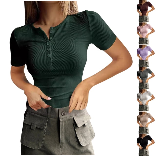 Fanxing Women's Button Up Henely Shirts XS Casual Short Sleeve Tops Ribbed Knit Slim Fitted Basic Tee Shirts Trendy Spring Outfits X-Small