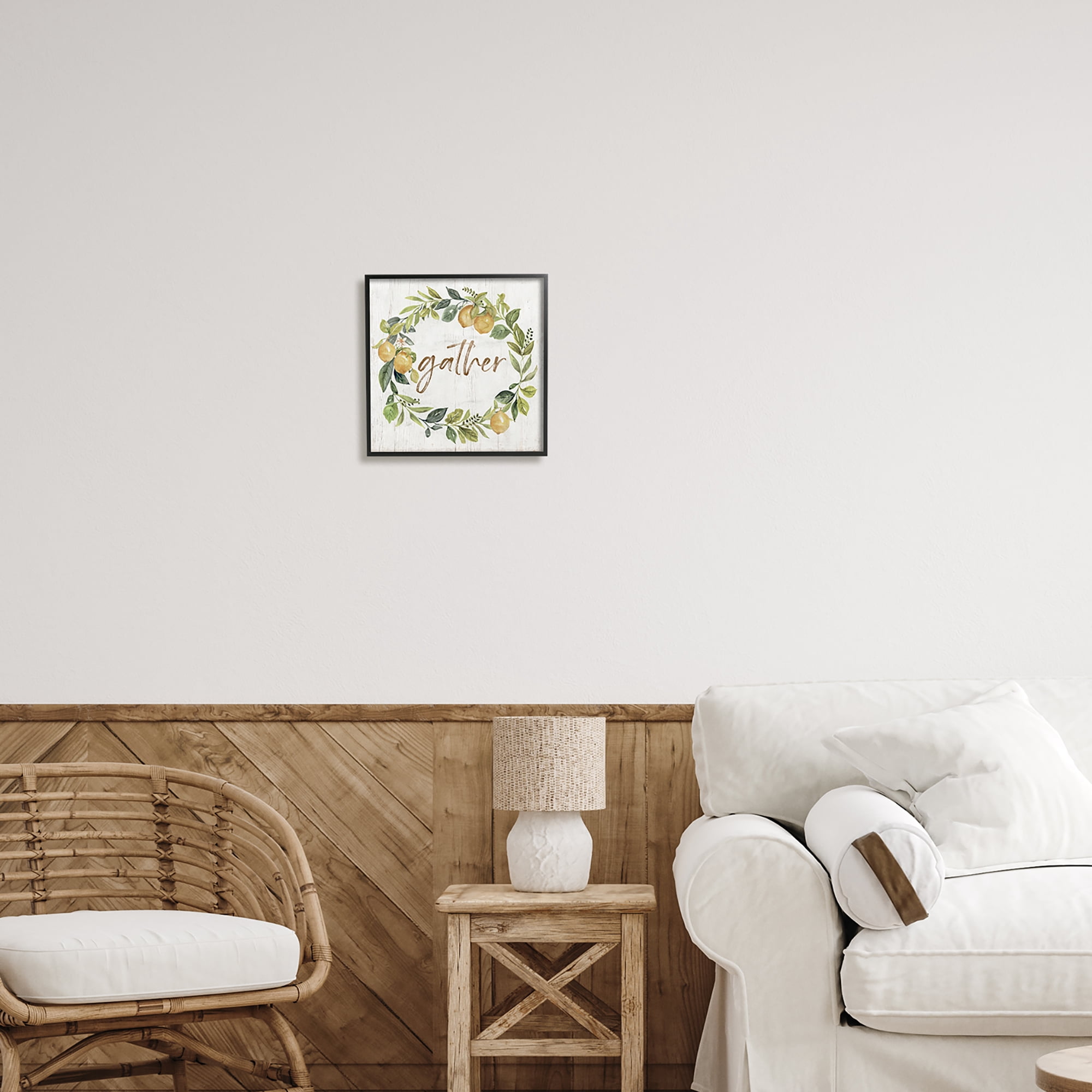 Stupell Industries Gather Circular Lemon Wreath Weathered Botanical Leaves Graphic Art Black Framed Art Print Wall Art, Design by Nan