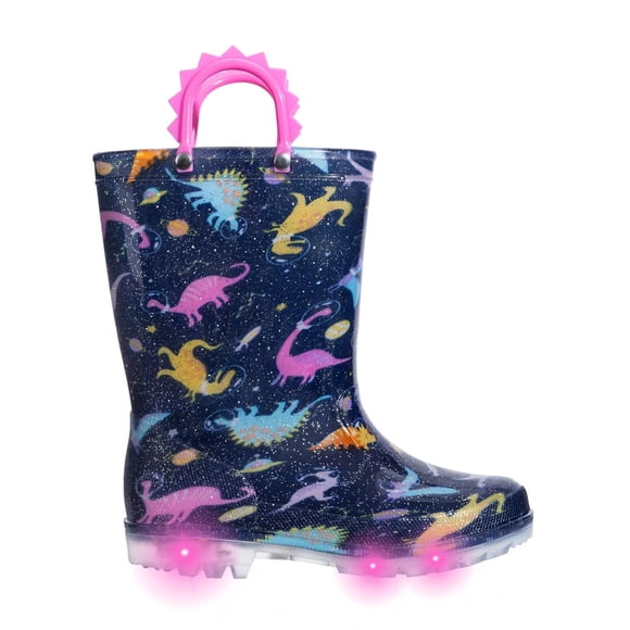 FUNCOO PLUS Toddler Kids Rain Boots Girls Light Up Waterproof Boots with Handles, Pink Dinosaur, Size 11