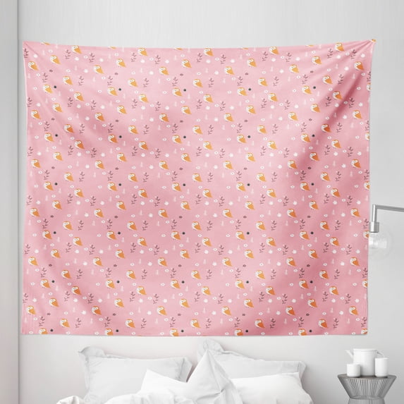 Pink and Orange Tapestry, Woodland Spring Repetition of Flowers Branches Owl Bird, Fabric Wall Hanging Decor for Bedroom Living Room Dorm, 5 Sizes, Rose Apricot and Mauve Taupe, by Ambesonne