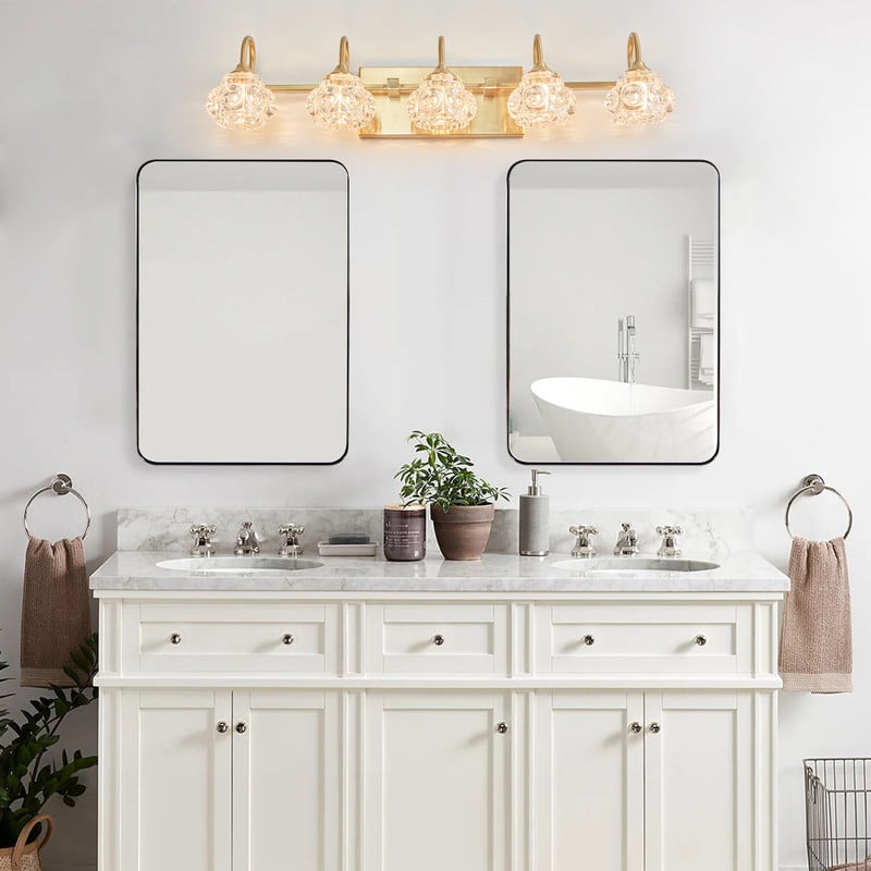 29" Modern 5-Light Gold Crystal Vanity Light with Clear Glass Shades, Elegant Bathroom Wall Sconce for Mirror or Powder Room (Bulbs Not Included)