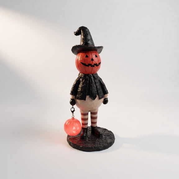 Halloween Pumpkin Head Witch Figurine, Resin Statue with Light‑Up Pumpkin Lantern, Halloween Indoor Tabletop Decor, Whimsical Holiday Desktop Ornament