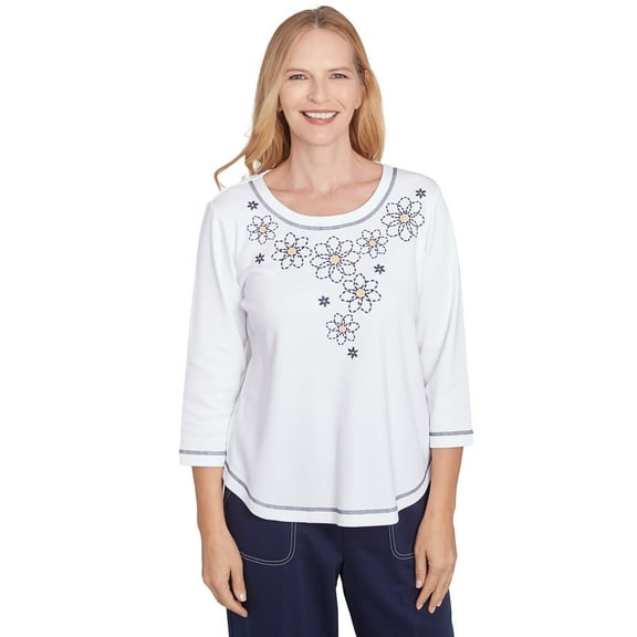 Alfred Dunner Womens Floral Embroidered Neckline Three Quarter Sleeve Top