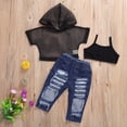 thumbnail image 2 of Bagilaanoe 3pcs Toddler Baby Girl Long Pants Set Sling Crop Tops + Short Sleeve Mesh Hoodie + Ripped Jeans Denim Trousers 1T 2T 3T 4T 5T 6T Kids Casual Outfits, 2 of 6