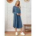 thumbnail image 6 of Women'S Loose Casual Round Neck Long Sleeve Dress Midi Slant Pocket Curved Hem Dress Navy Blue XL, 6 of 9