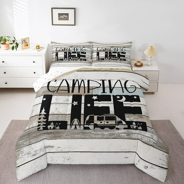 Erosebridal Lodge Cabin Bedding King Comforter Set,Happy Camping Comforter Sets King Size,Rv Accessories Duvet Insert,Super Cozy Rustic Room Decoration,Reversible,3pcs
