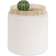 Storage Ottoman Round Boucle Ottomans with Tray, Teddy Foot Rest Ottoman Cube with Storage for Living Room, Cream White 13.5"x13.5"x15"