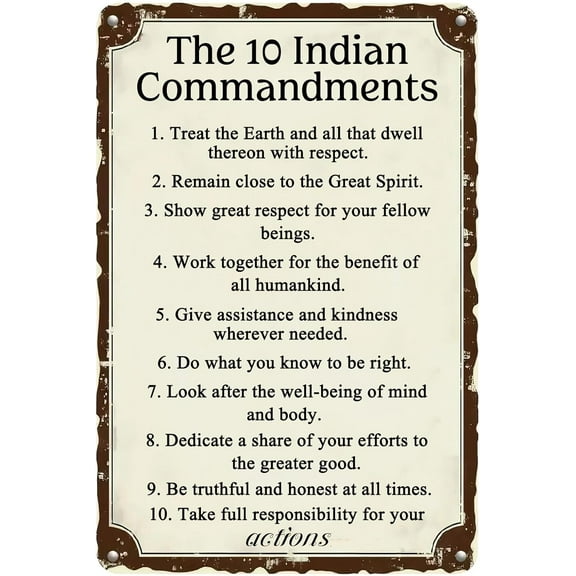 The 10 Indian Commandments Retro Metal Sign Take Full Responsibility For Your Actions Antique Tin Signs for Garage Kitchen Bar Cafe Home Restaurant Wall Decor Gifts 8x12 Inch