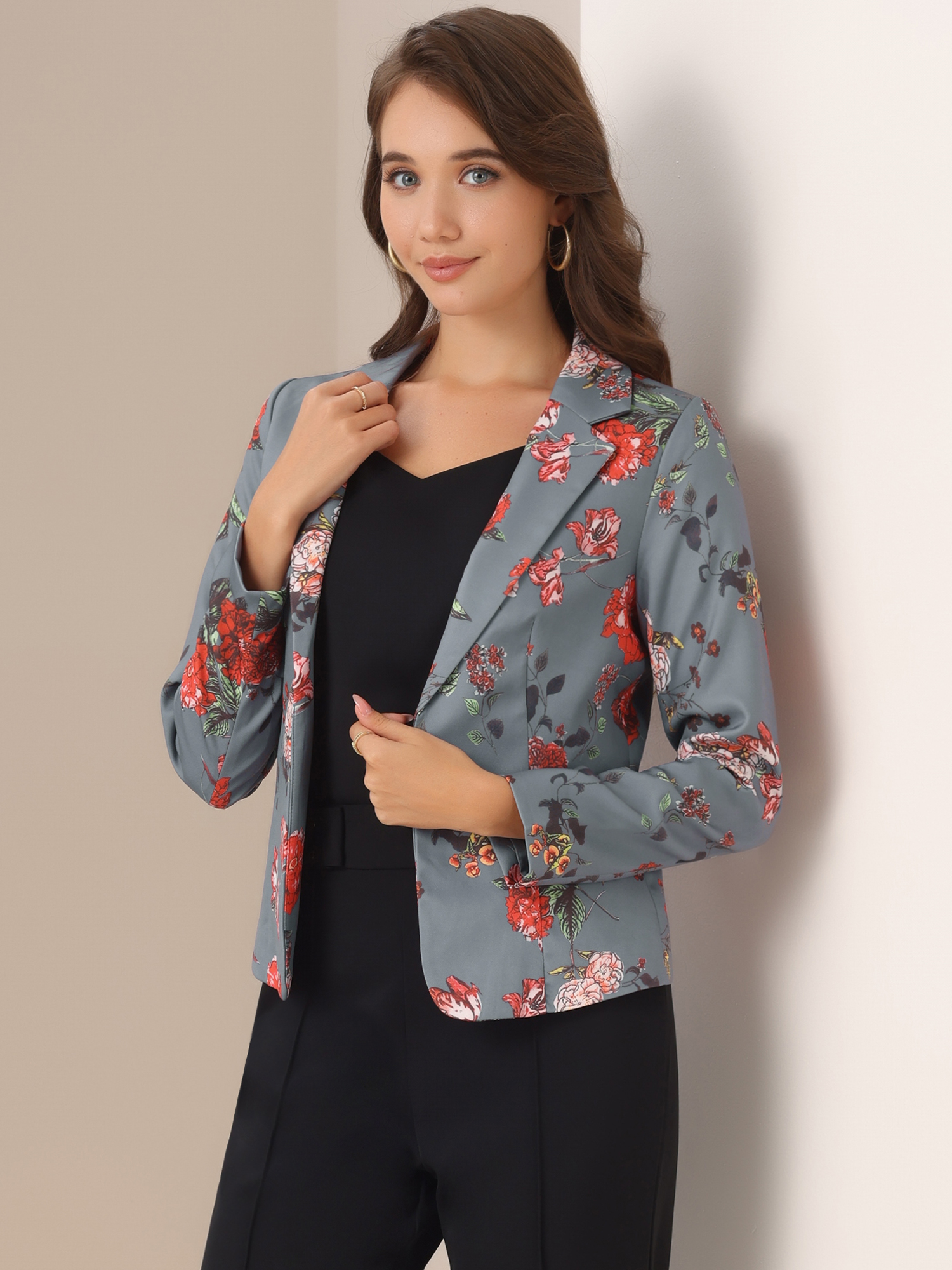 DARING DIVA Women's Elegant Notched Lapel Floral Print Blazer M Gray-Floral