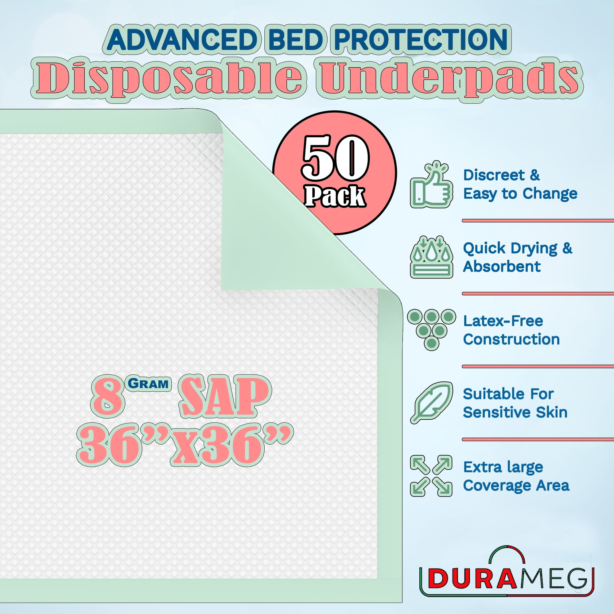 Chucks Pads Disposable [50-Pads] Underpads 36x36 Incontinence Chux Pads Heavy Absorbent Fluff Protective Bed & Pee Pads for Babies, Kids, Adults & Elderly | Puppy Pads Large for Training Leak Proof
