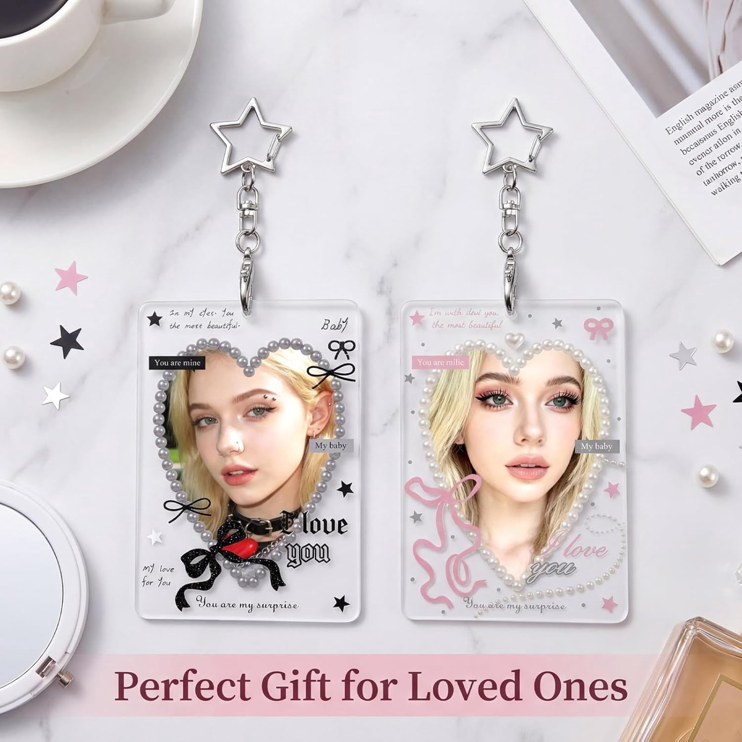 2 bow tie photo card holders with metal chain, transparent 2 charm badge clips, cute acrylic photo card protectors, with star pendant, for idol card albums